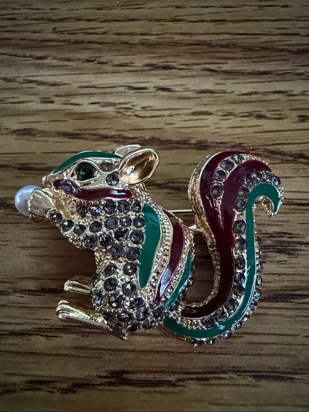 Green & Maroon Crystal Squirrel Brooch - Gold-Tone Accent